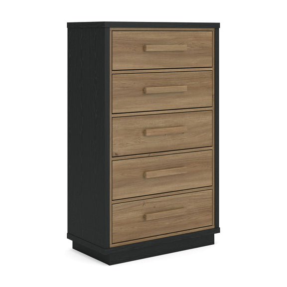 Black and brown five-drawer chest with wooden drawers and bar pulls