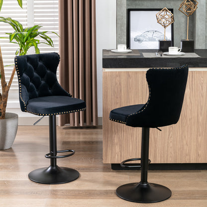 Swivel Velvet Barstools Adjusatble Seat Height from 25-33 Inch, Chrome base Bar Stools with Backs Comfortable Tufted for Home Pub and Kitchen Island, Black,Set of 2,AS1812BK
