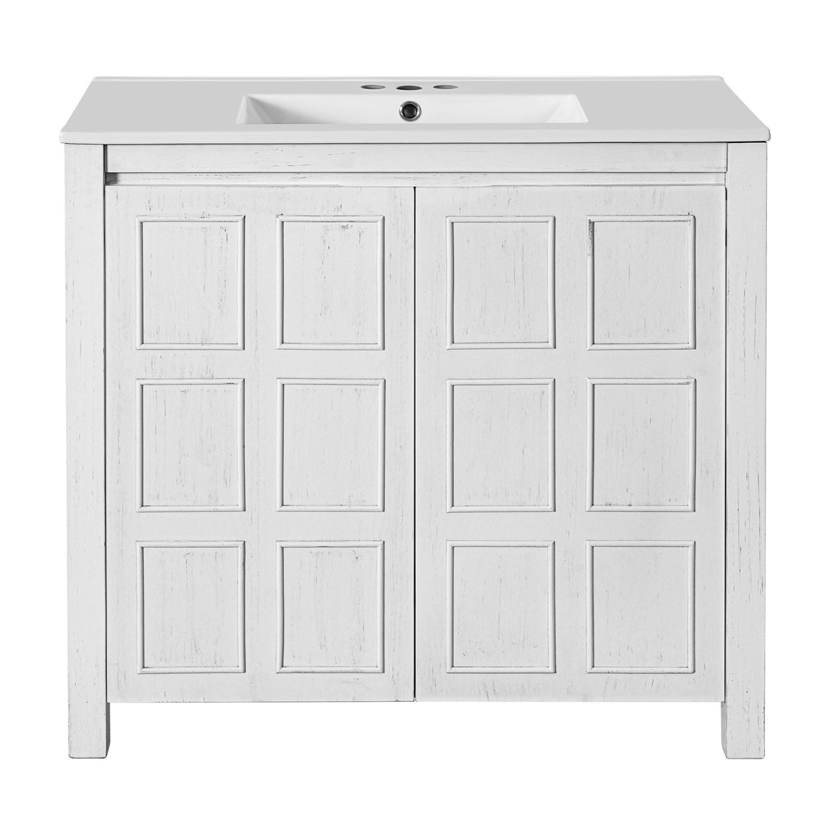 Bathroom sink vanity cabinet in white with white countertop and 4 doors
