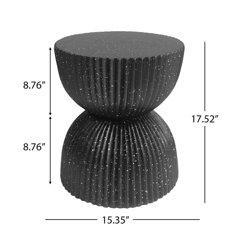 Black speckled ribbed side table with stacked round tiers and dimensions