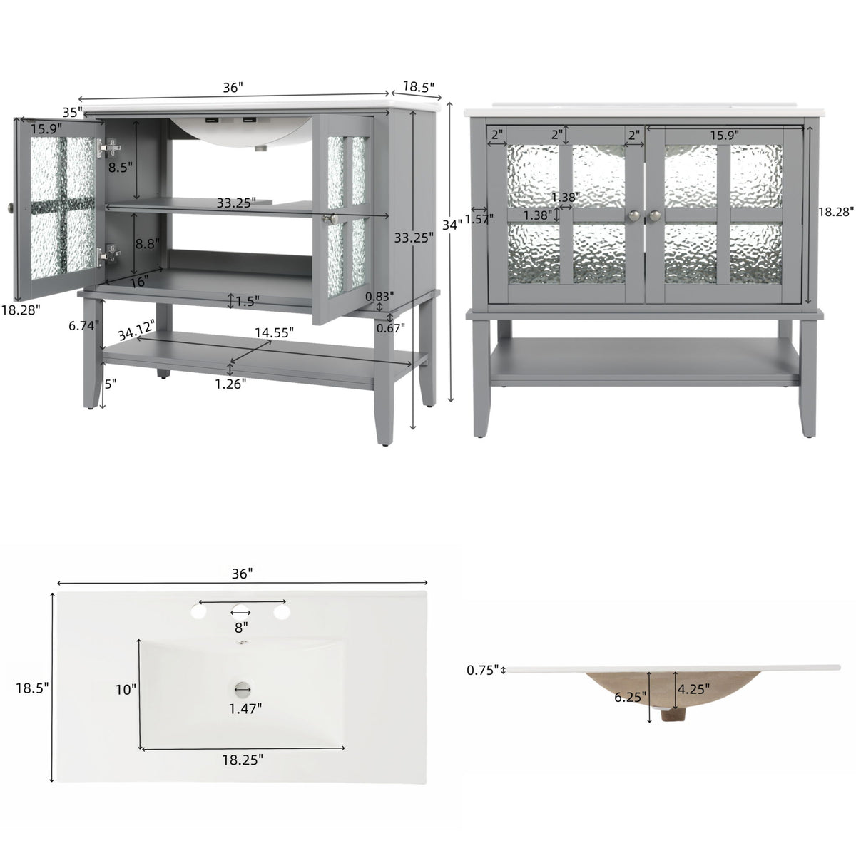 Bathroom Vanity With Ceramic Sink, Adjustable & Open Shelf