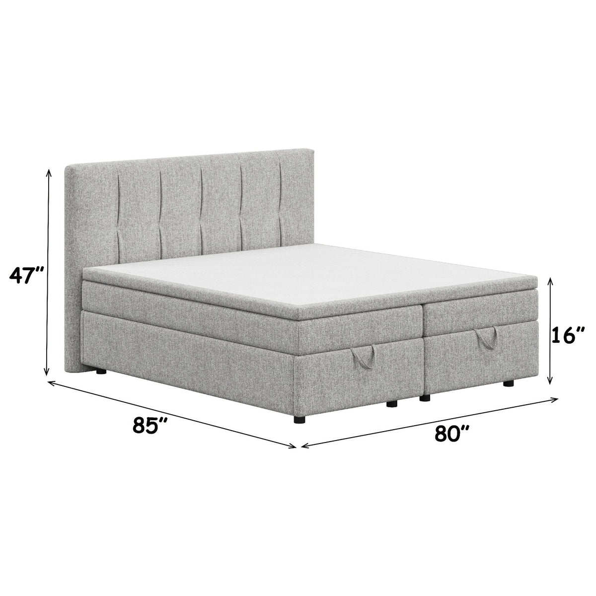Light gray upholstered storage bed, tufted headboard; includes size measurements