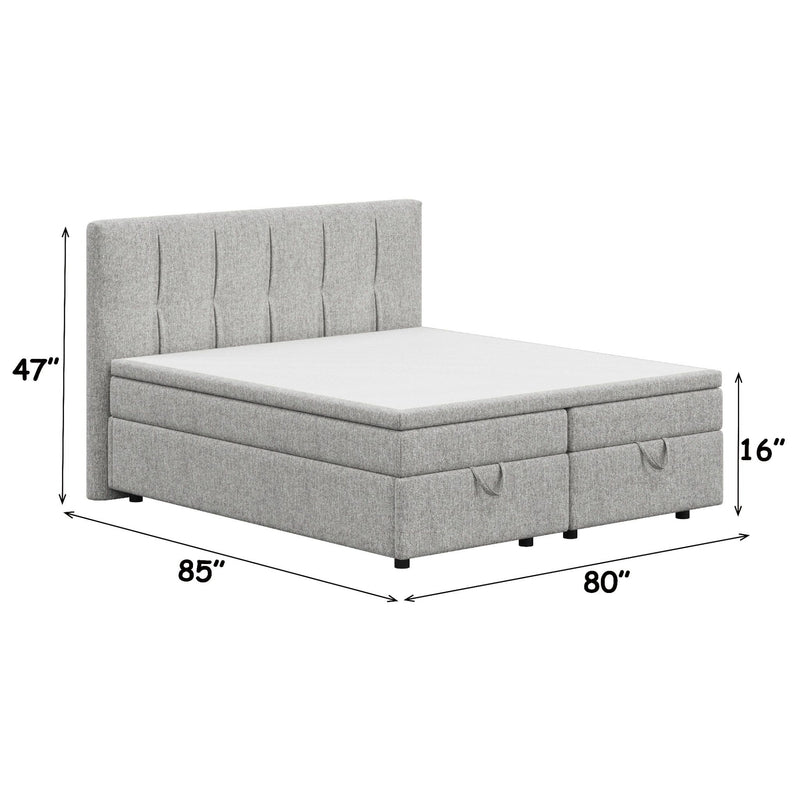 Light gray upholstered storage bed, tufted headboard; includes size measurements