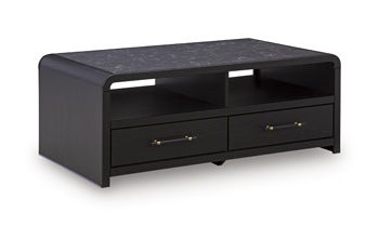 Black rectangular table with two drawers and open storage shelf