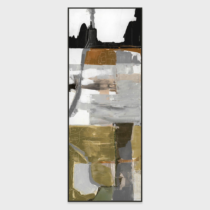 Portrait-format abstract painting with layered gold, gray, white, and black shapes in dark frame