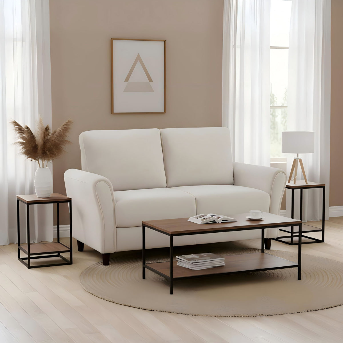 Cream 2-piece sofa set with loveseat and sofa, smooth upholstery, dark metal legs
