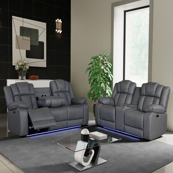 Gray reclining sofa set with two electric recliners, quilted upholstery, and blue LED trim