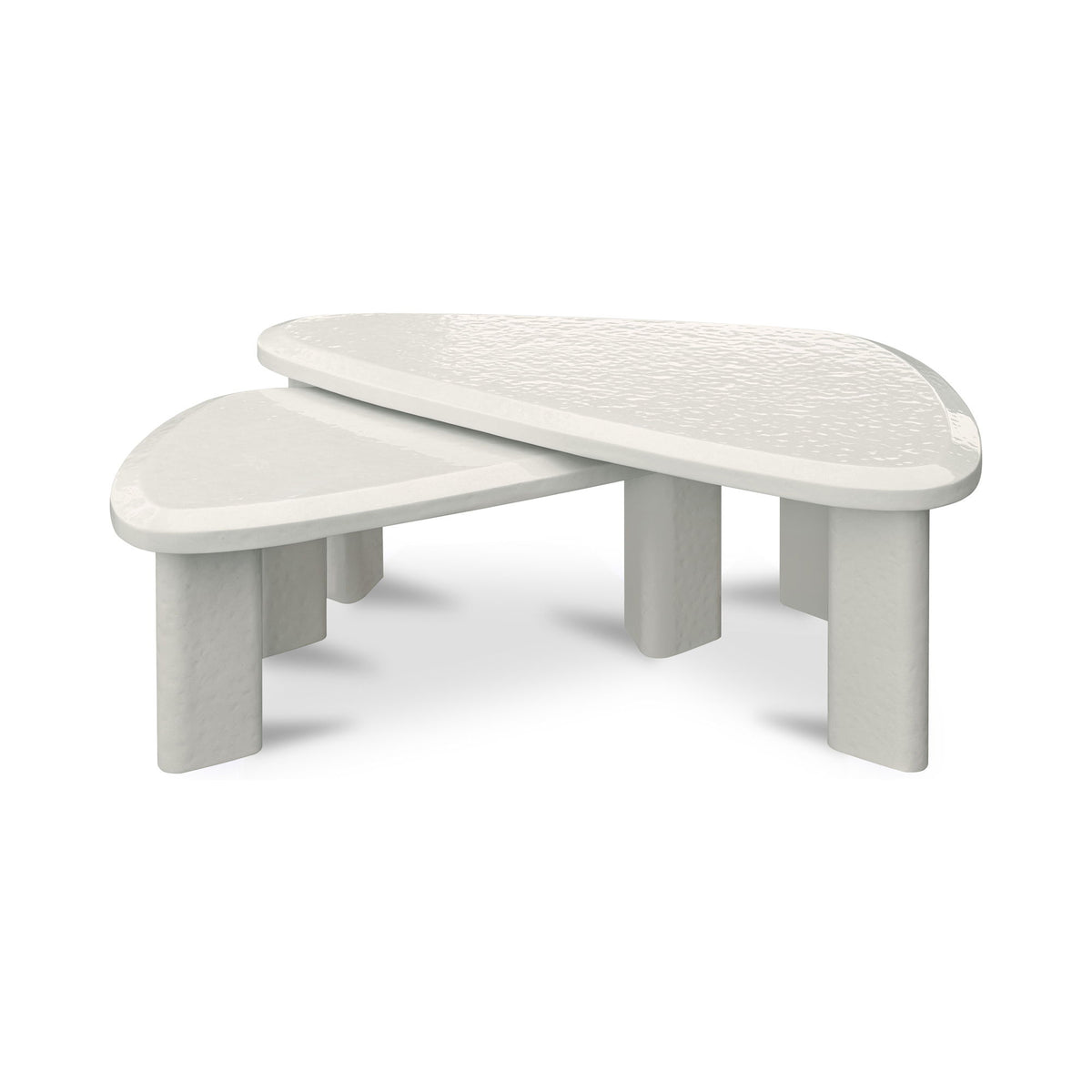 Cream outdoor nesting coffee tables with oval tabletop and angled apron, two-piece set