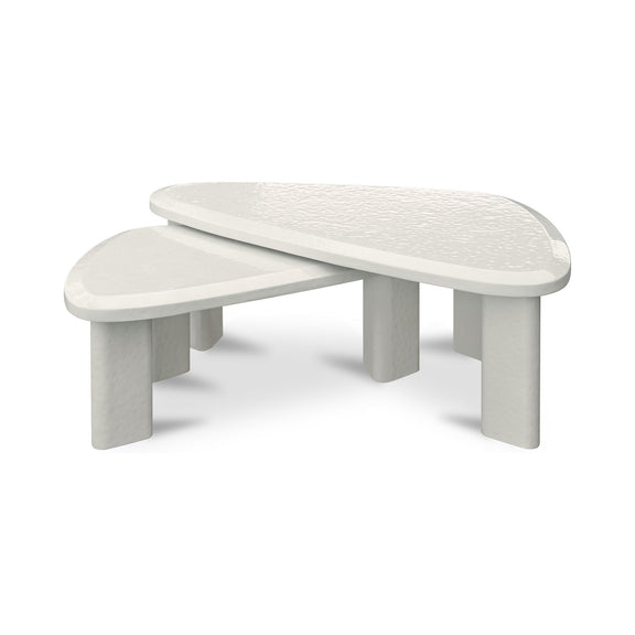 Cream outdoor nesting coffee tables with oval tabletop and angled apron, two-piece set