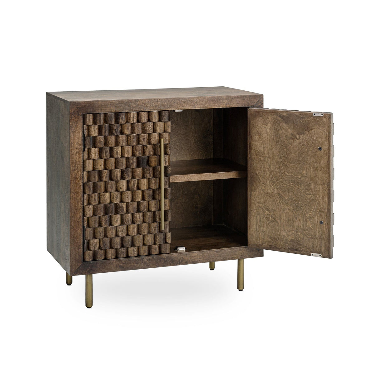 Brown cabinet with open two-door front and interior shelf, woven check door texture