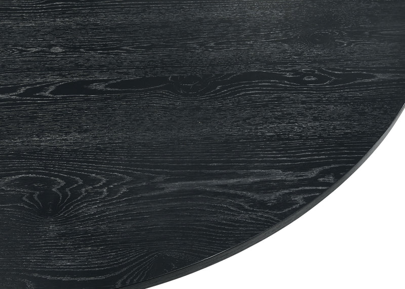 Black round dining table top with dark woodgrain finish