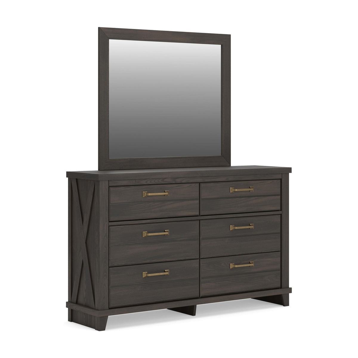 Dark brown six-drawer dresser with brass-tone pulls and matching framed mirror