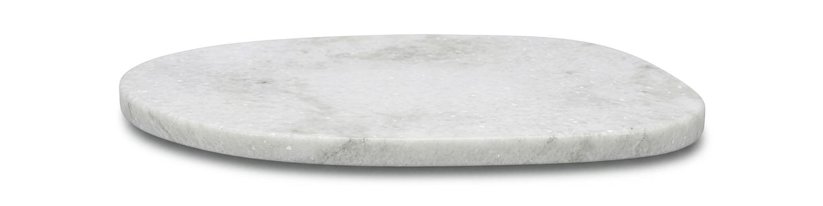 Round white marble decorative tray with smooth beveled edge, underside visible