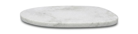 Round white marble decorative tray with smooth beveled edge, underside visible