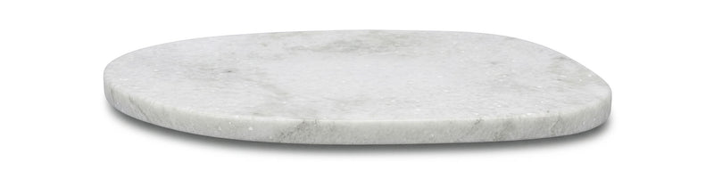 Round white marble decorative tray with smooth beveled edge, underside visible