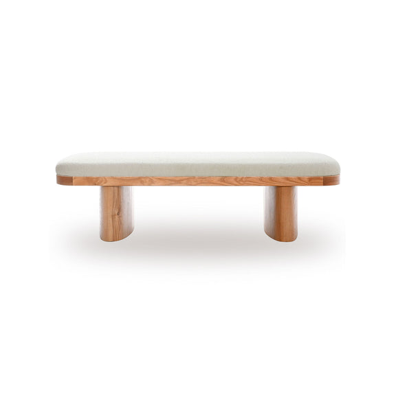 Low upholstered bench with beige cushion and four warm wood legs