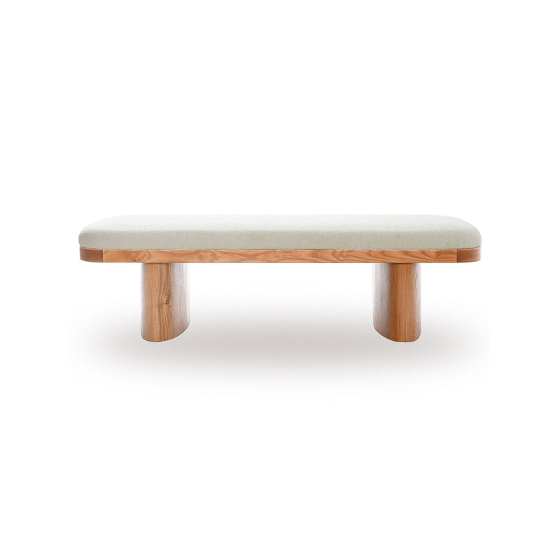 Low upholstered bench with beige cushion and four warm wood legs