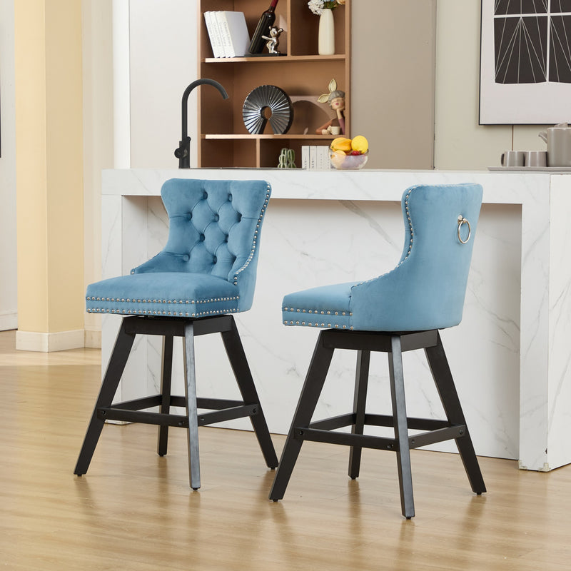 Swivel Velvet Barstools with Button Tufted Decoration and Wooden Legs, and Chrome Nailhead Trim, Leisure Style Bar Chairs,Bar stools, Set of 2 (Light Blue),SW1860LB