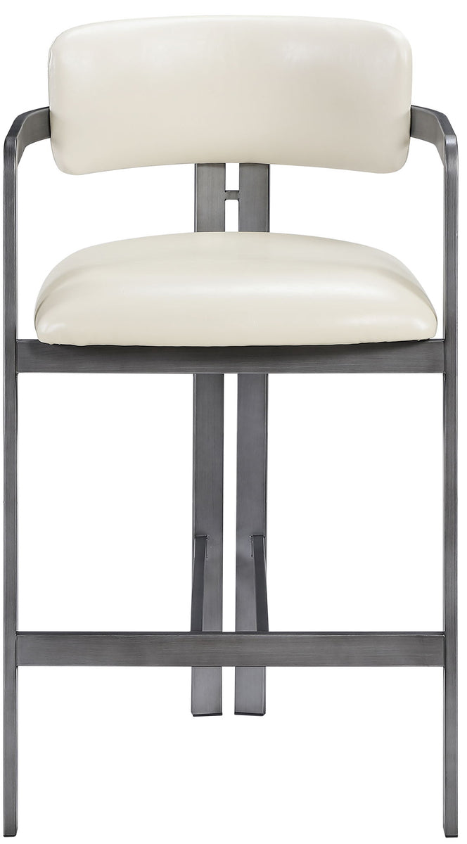 White vegan leather counter stool with rounded back and seat, gray metal base
