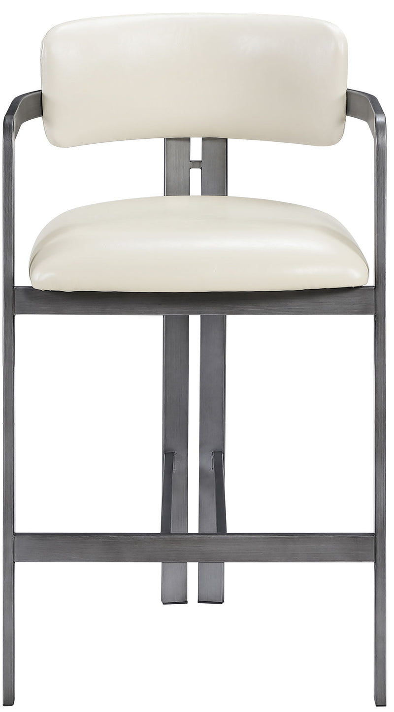 White vegan leather counter stool with rounded back and seat, gray metal base