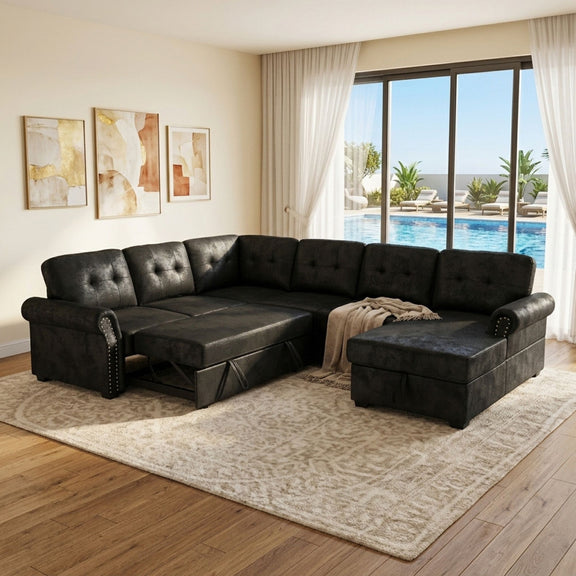 Black U-shaped sectional sleeper sofa with chaise ottoman and tufted back cushions