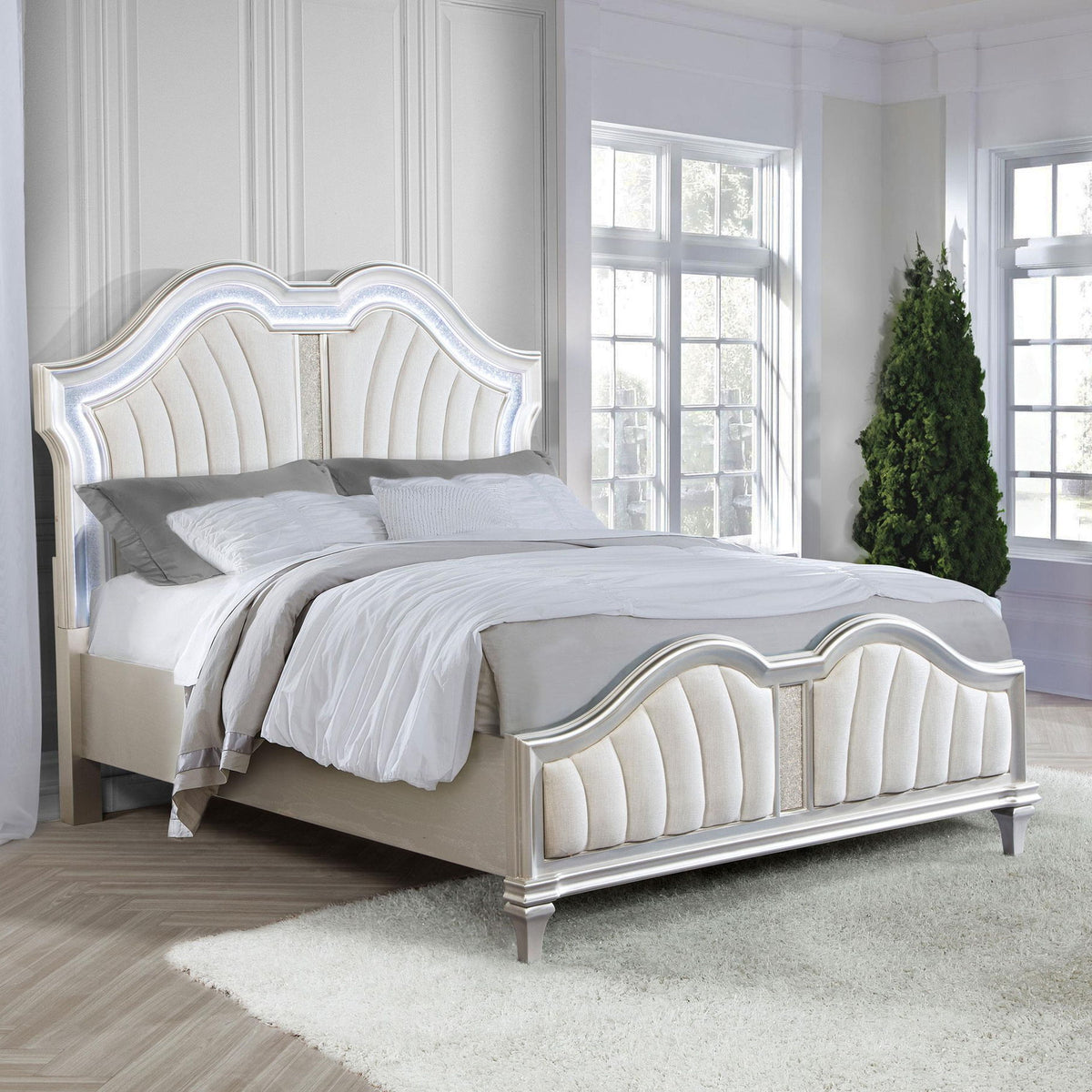Evangeline Wood Queen LED Panel Bed Silver Oak