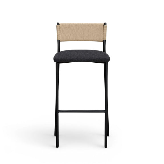 Celine boucle bar stool with beige back and dark upholstered seat, black metal legs.