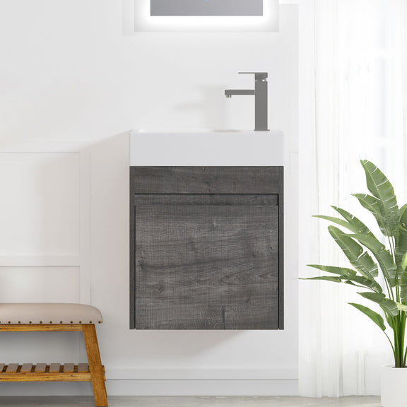 Dark gray floating bathroom vanity with soft-close cabinet door and built-in sink