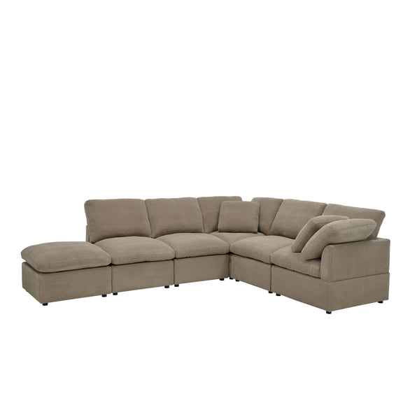 Light brown L-shaped modular sectional with plush seat and back cushions.
