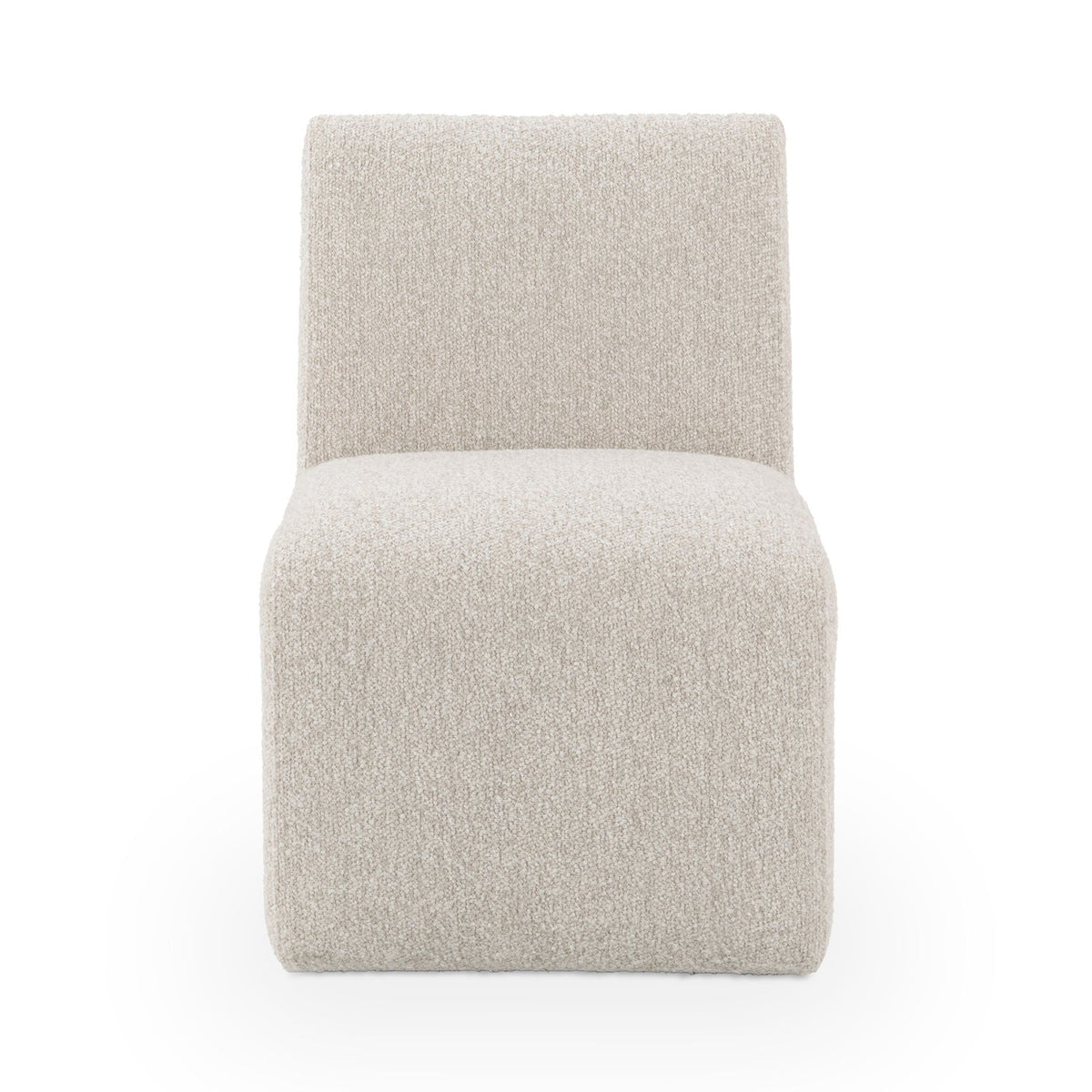 Upholstered dining chair in light beige fabric, front view with wide seat and back