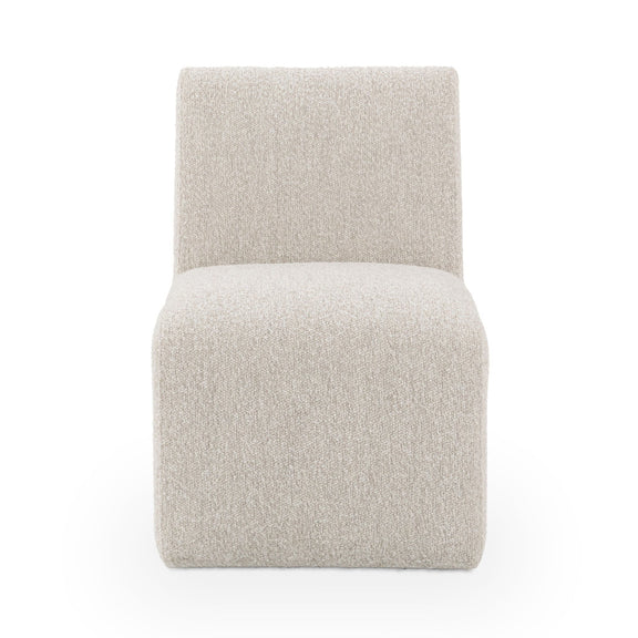 Upholstered dining chair in light beige fabric, front view with wide seat and back