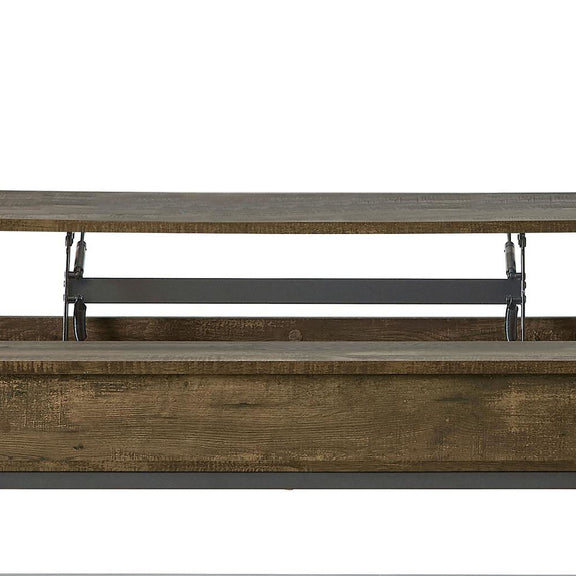 Lift-top coffee table underside with metal lift brackets under dark brown top