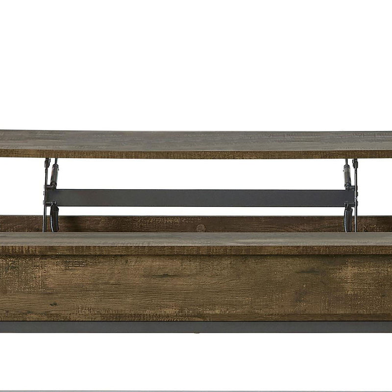 Lift-top coffee table underside with metal lift brackets under dark brown top
