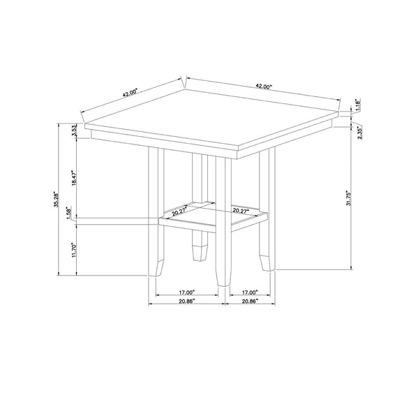 Bar table line drawing with dimensions for top, legs, and lower shelf