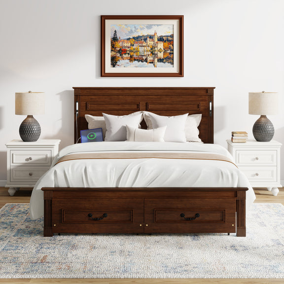 Walnut queen bed frame with tall headboard, footboard, and two storage drawers