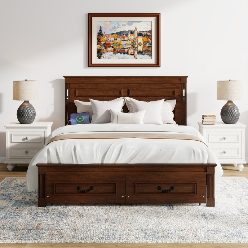 Walnut queen bed frame with tall headboard, footboard, and two storage drawers