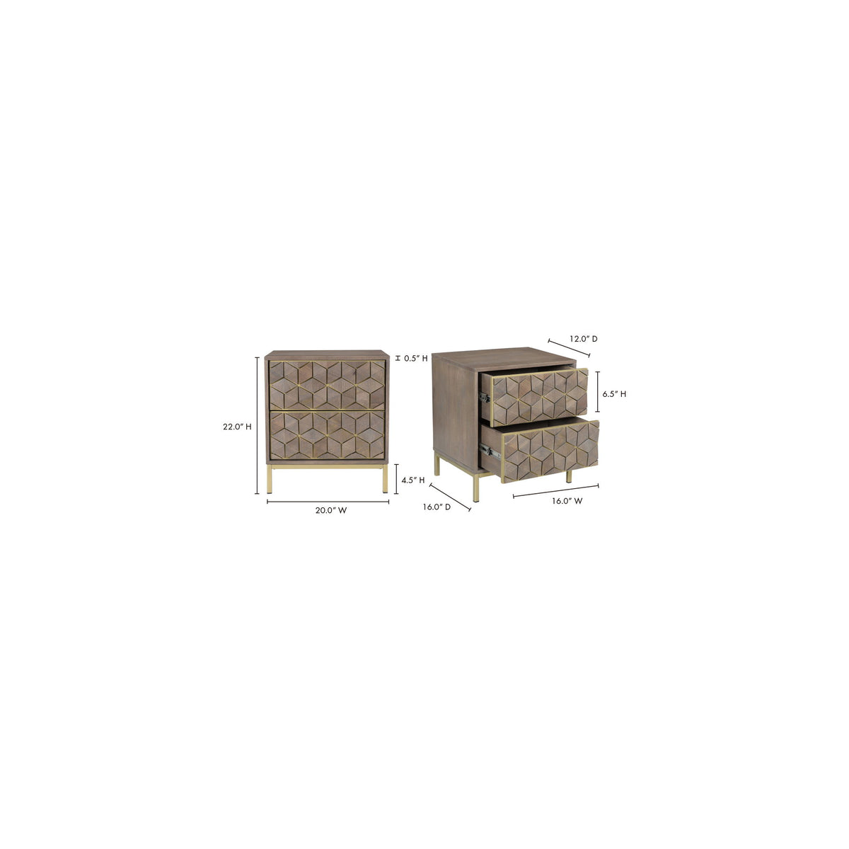 Nightstand dimensions diagram showing geometric front drawer and side view