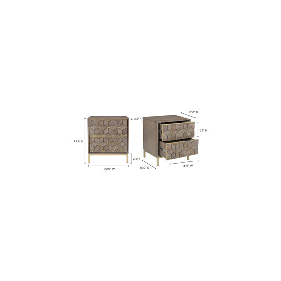 Nightstand dimensions diagram showing geometric front drawer and side view