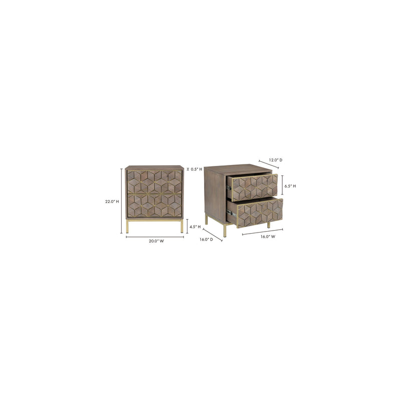 Nightstand dimensions diagram showing geometric front drawer and side view