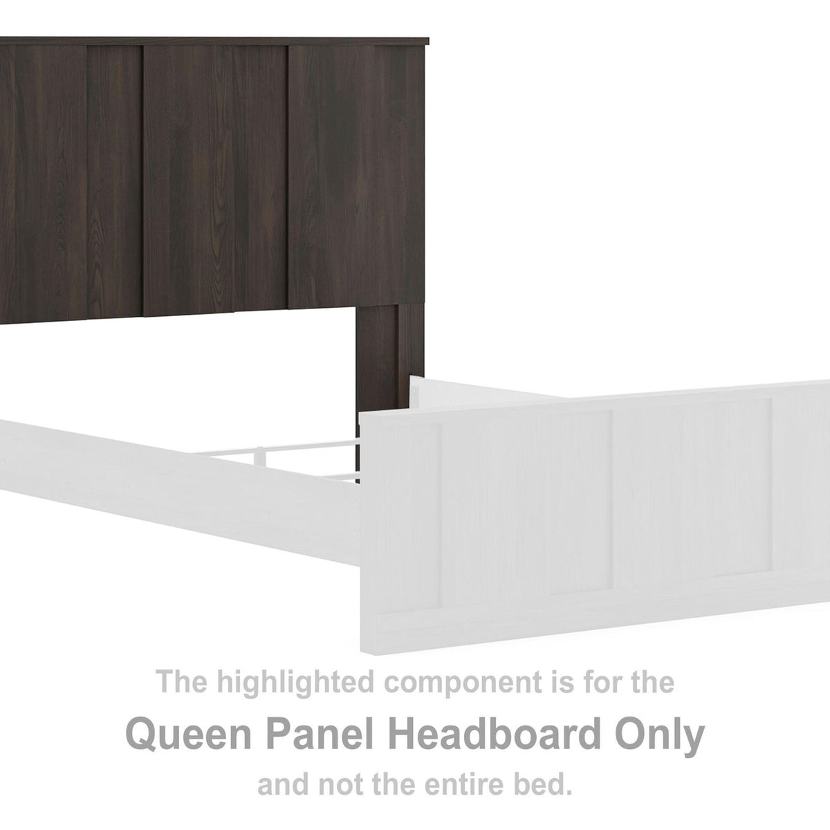 Dark brown queen panel headboard component with vertical slats and open side support