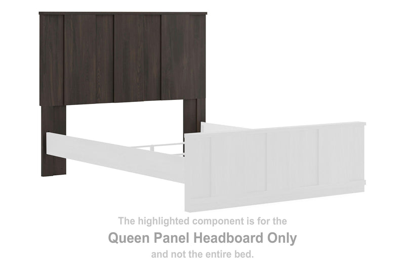 Dark brown queen panel headboard component with vertical slats and open side support