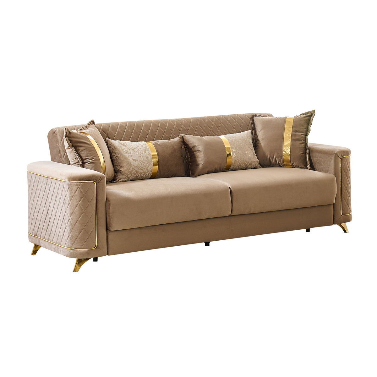 Lisa sofa in beige fabric with gold-trim accent pillows and cushioned arms