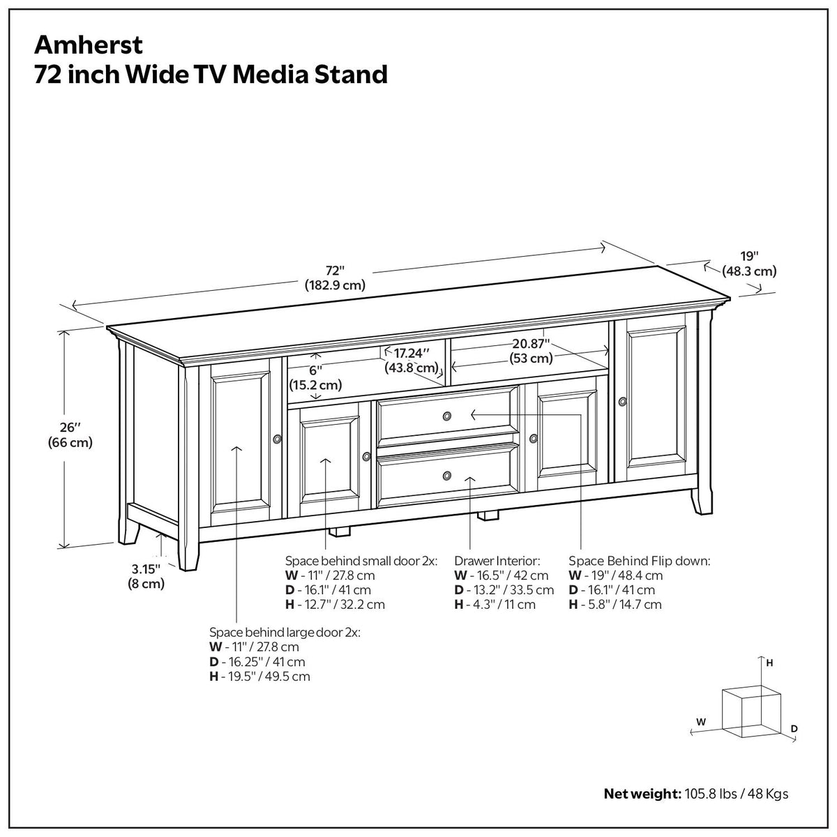 72-inch wide TV media stand size diagram showing dimensions and storage areas