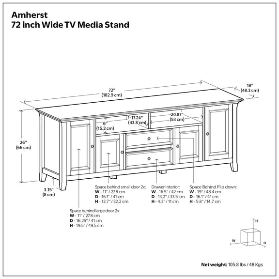 72-inch wide TV media stand size diagram showing dimensions and storage areas