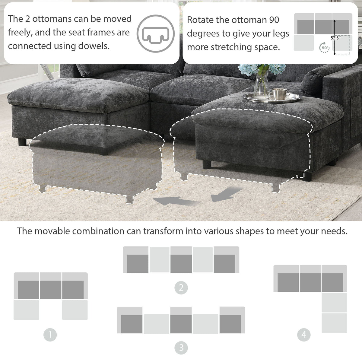 Modular Sectional With Storage Pockets, 5 Seat U Shaped Couch Set With Pillows, Free Combination Modern Cloud Sofa With 2 Movable Ottoman