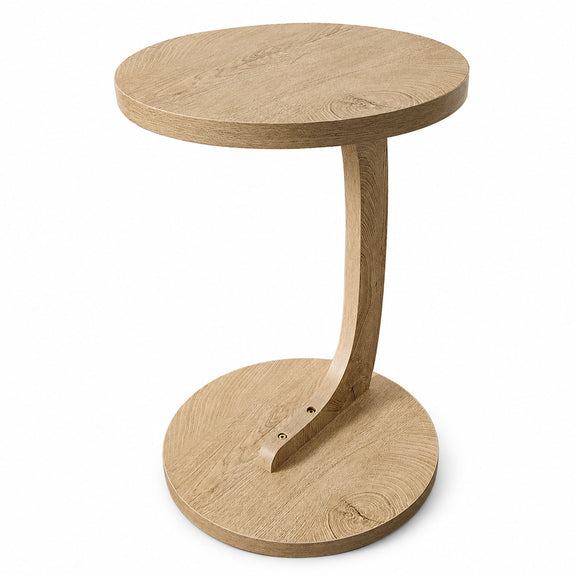 Light brown round end table with pedestal base and integrated lower shelf