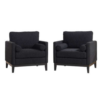 Two black upholstered accent chairs with arms and tapered wood legs.