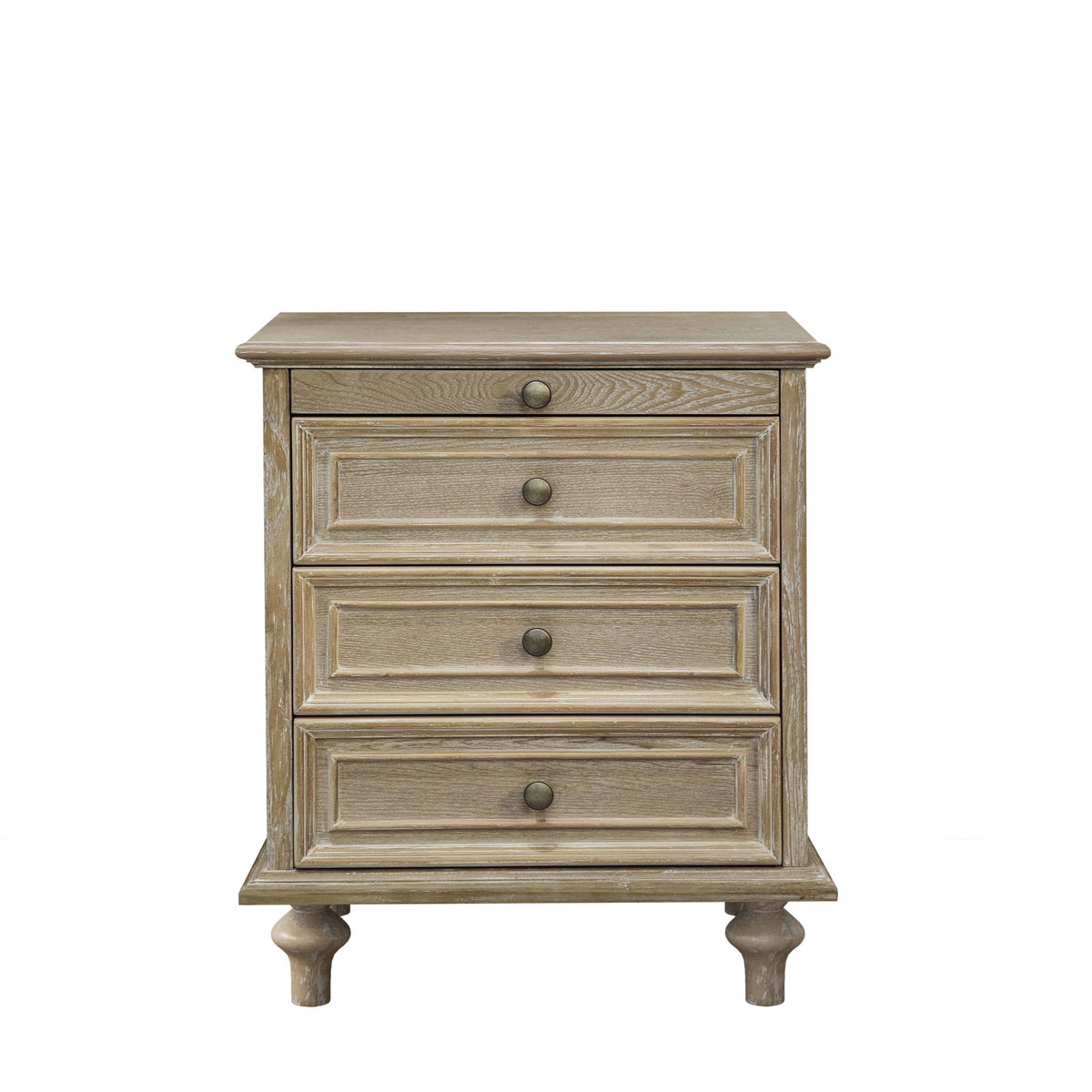 Farmhouse nightstand with four drawers, light brown wood finish, round metal drawer pulls