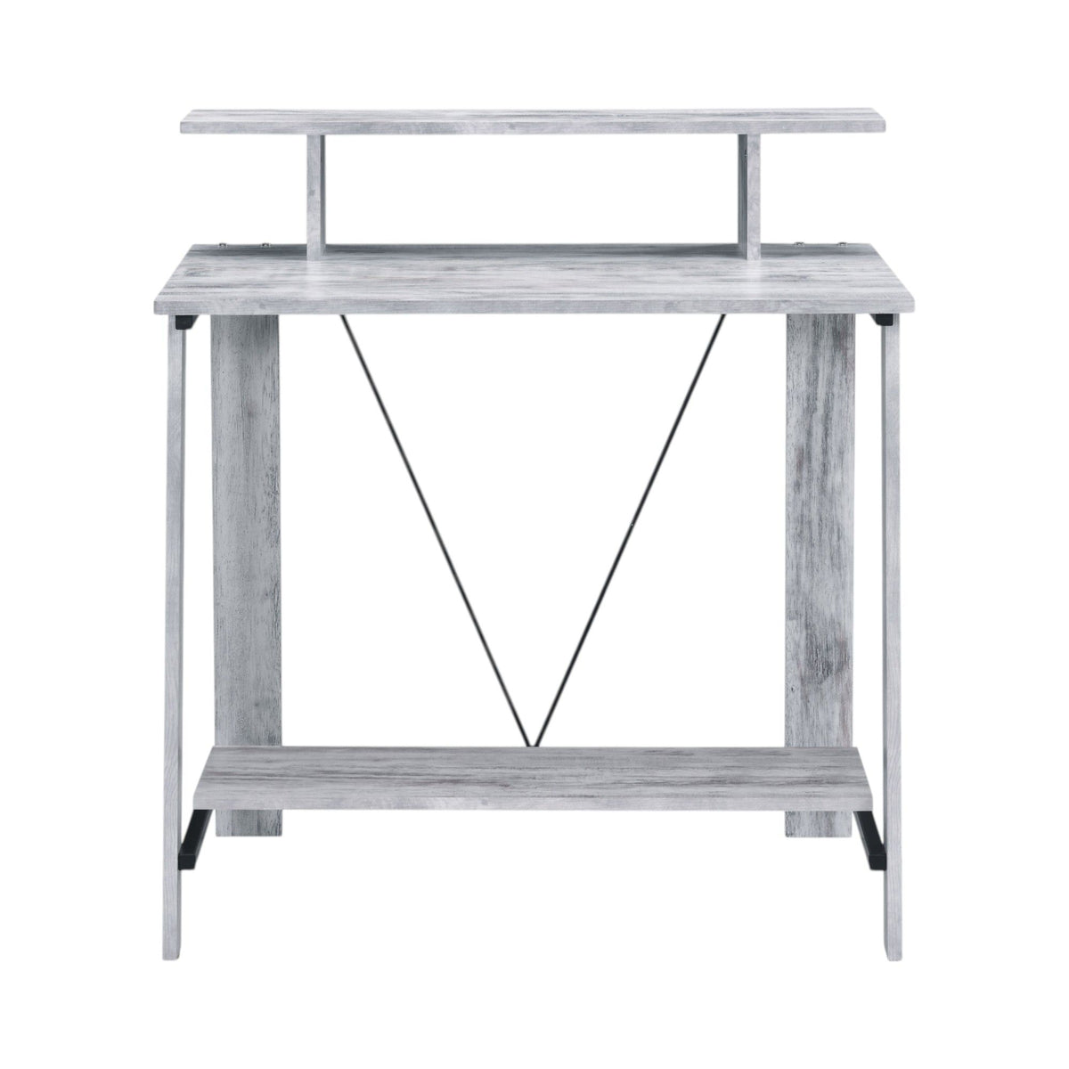 Writing desk with two open shelves, light gray wood and black support frame