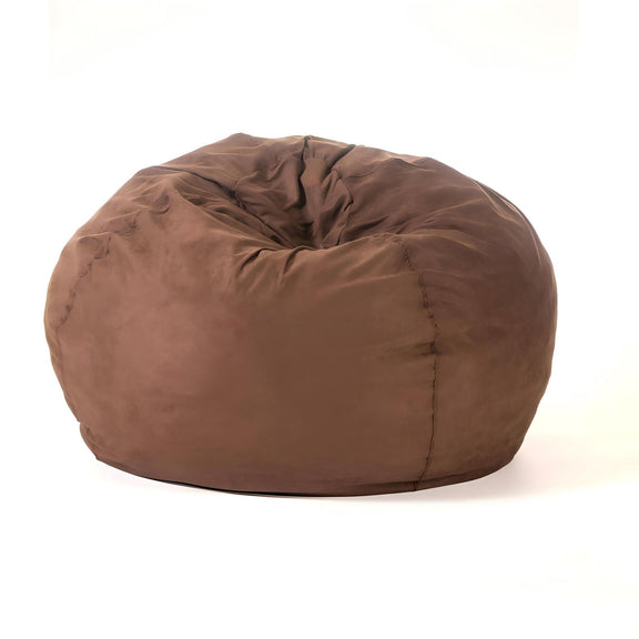 Light brown bean bag chair with tufted top and rounded, plush cover